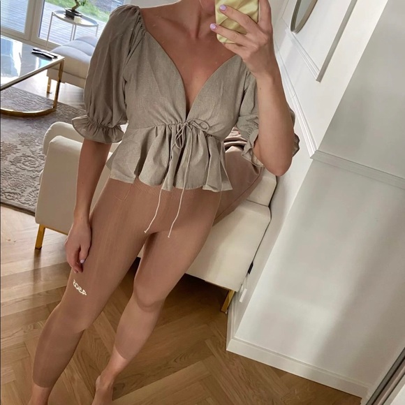 Top T-Shirt puff sleeve peplum khaki linen cotton linen - Picture 6 of 8